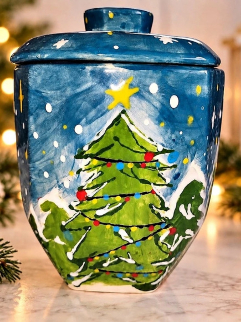 Christmas Tree Lidded Ceramic Cookie Jar Hand-Painted Christmas Candy Jar